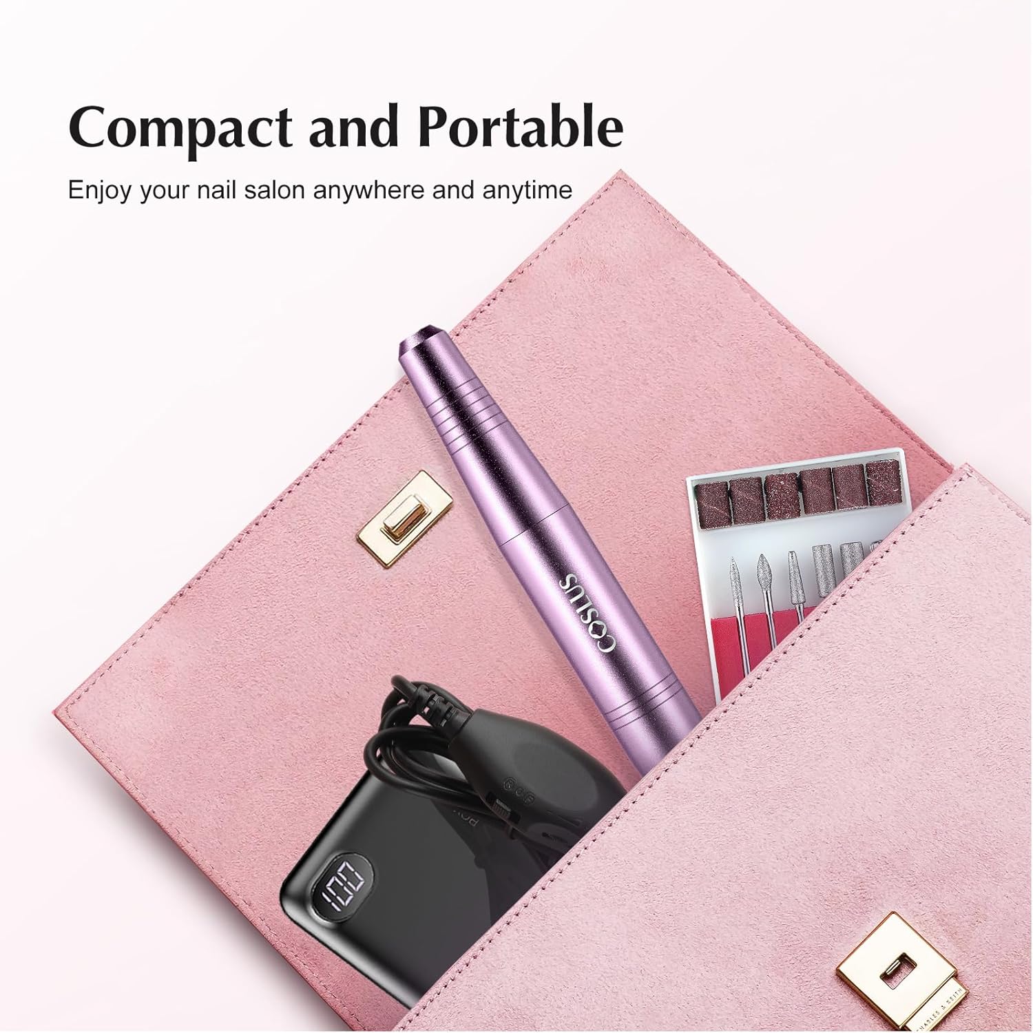 Portable electric nail drill with assorted bits and sanding bands in neutral finish, shown with manicure accessories — view 4