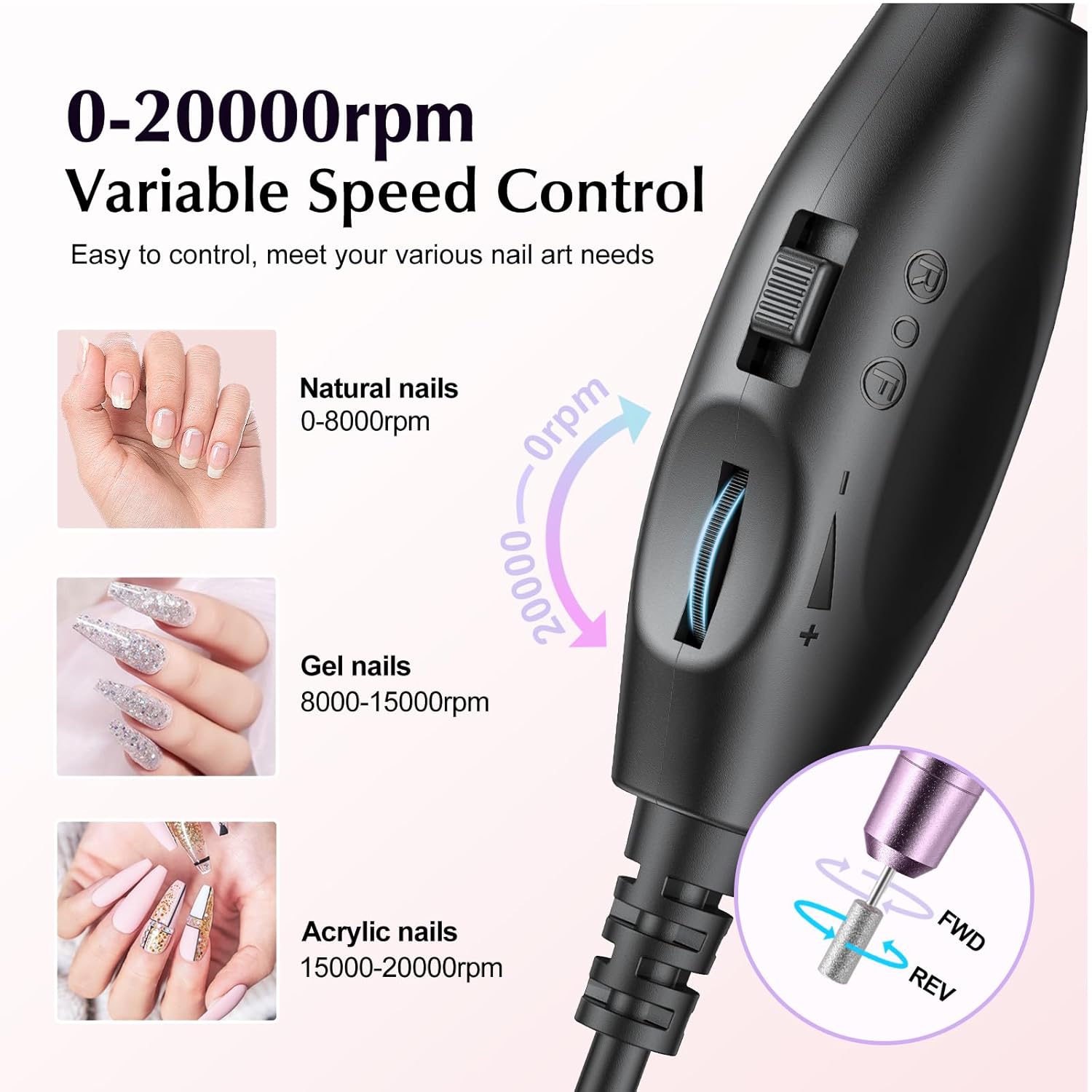 Portable electric nail drill with assorted bits and sanding bands in neutral finish, shown with manicure accessories — view 5