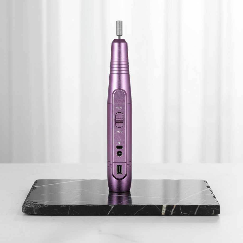 Portable electric nail drill with assorted bits and sanding bands in neutral finish, shown with manicure accessories — view 2