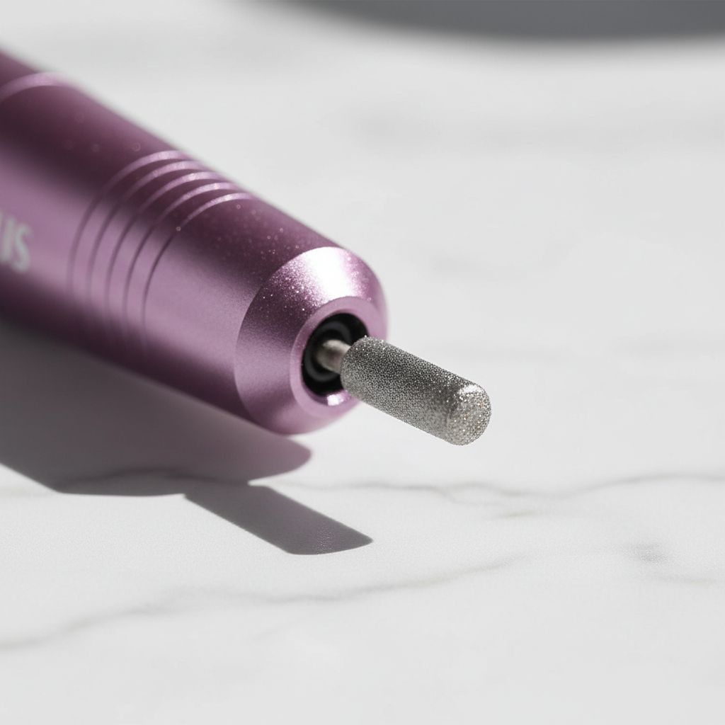Portable electric nail drill with assorted bits and sanding bands in neutral finish, shown with manicure accessories — view 4