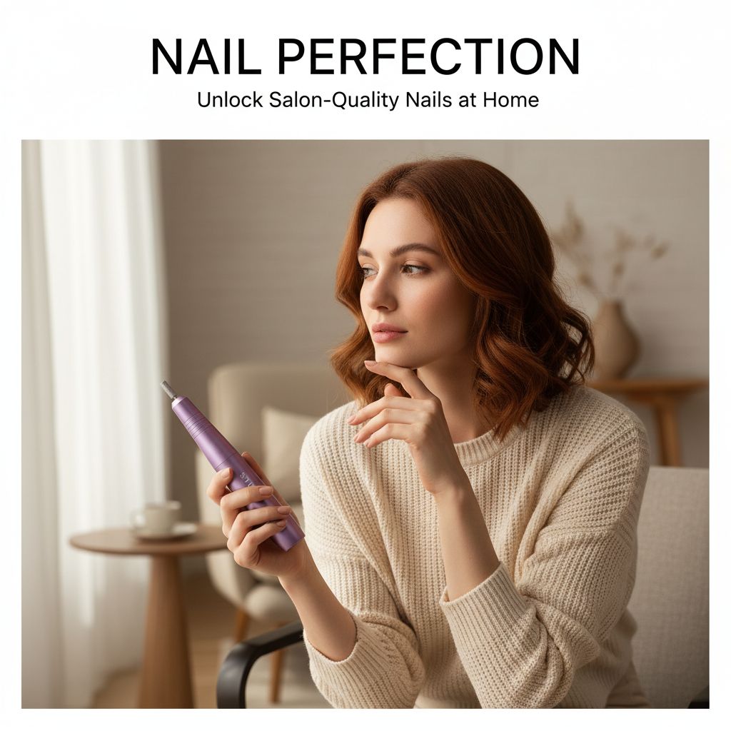 Portable electric nail drill with assorted bits and sanding bands in neutral finish, shown with manicure accessories — view 3a