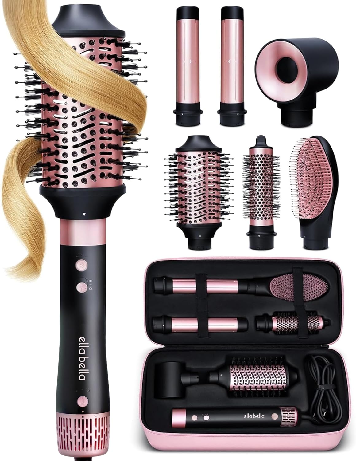 6-in-1 professional hot air styler in neutral finish with interchangeable styling attachments and protective travel case — front