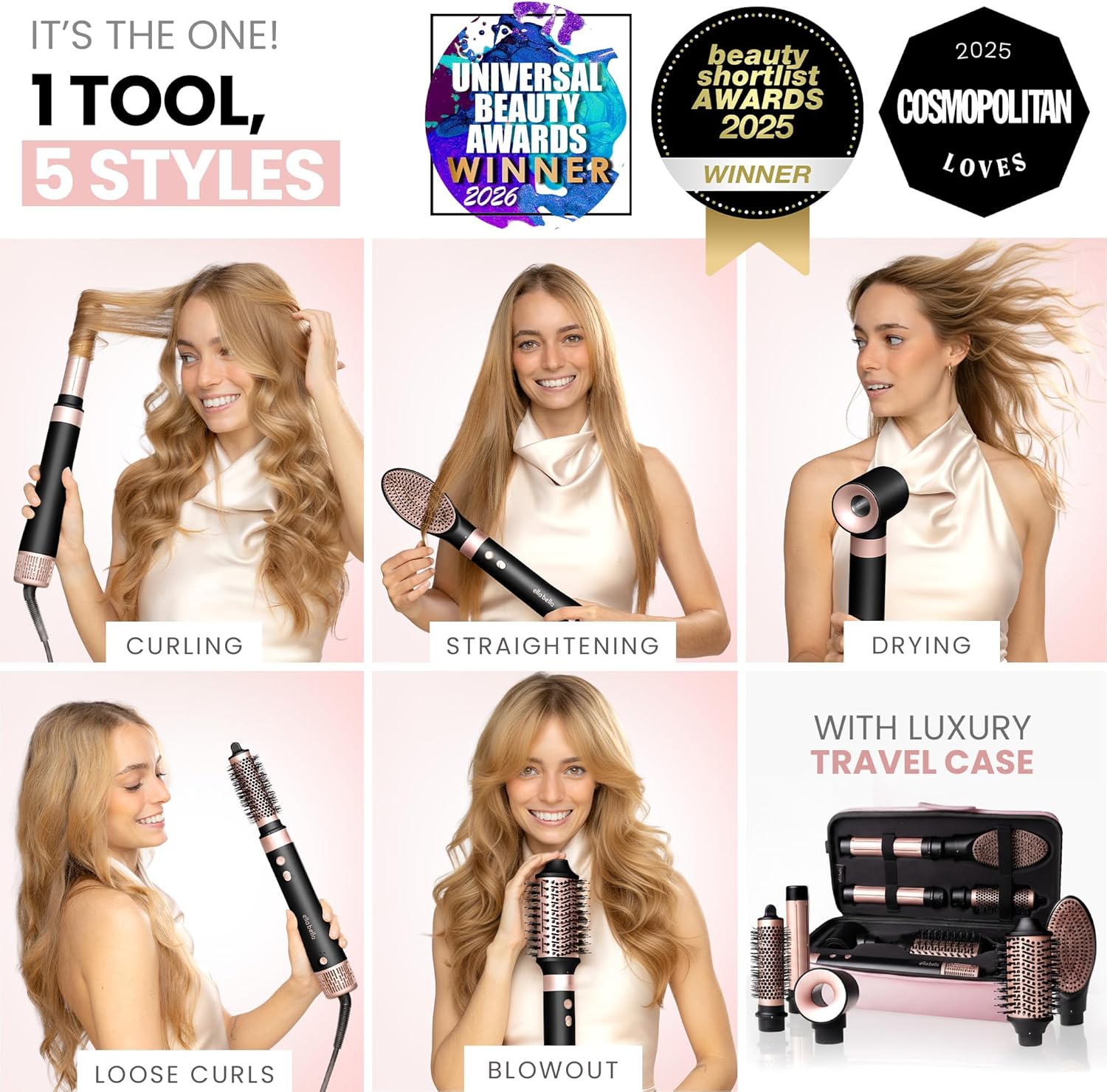 6-in-1 professional hot air styler in neutral finish with interchangeable styling attachments and protective travel case — side