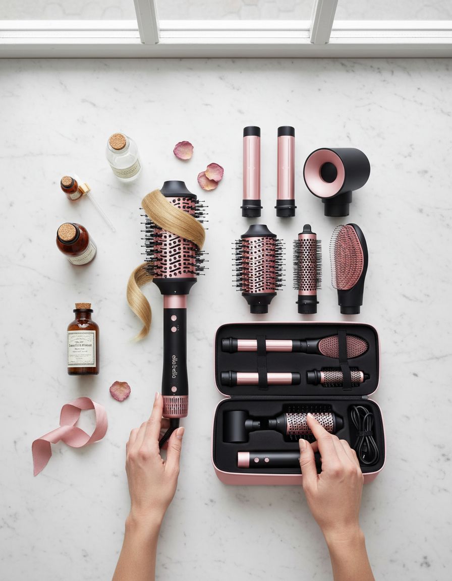 6-in-1 professional hot air styler in neutral finish with interchangeable styling attachments and protective travel case — view 7a