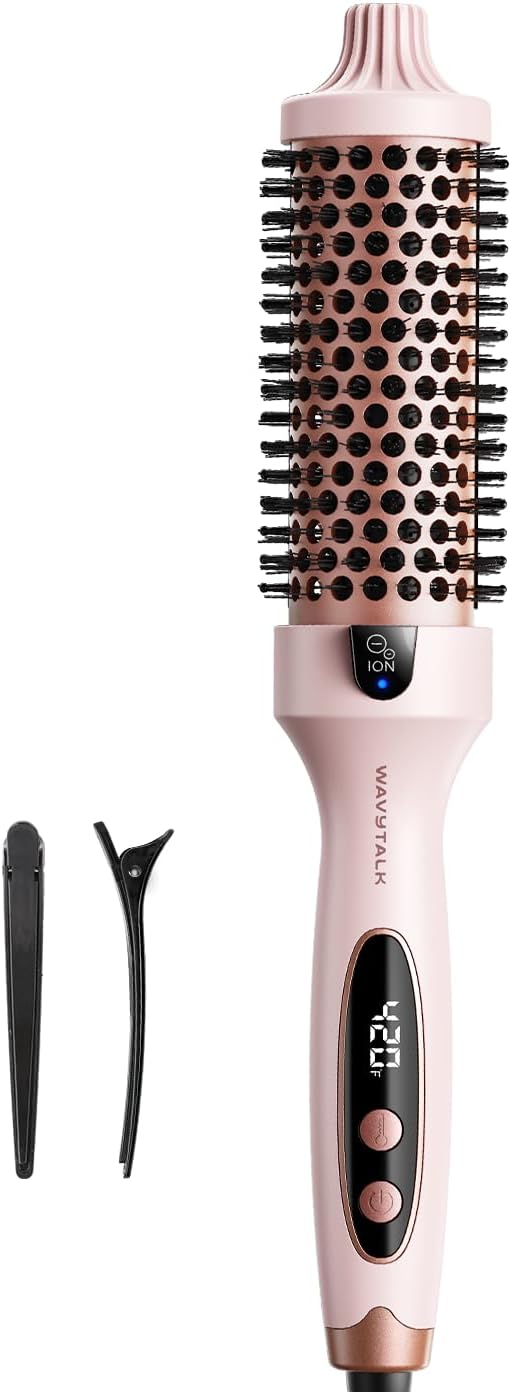 Pink tourmaline ceramic ionic heated round brush with temperature control dial — front
