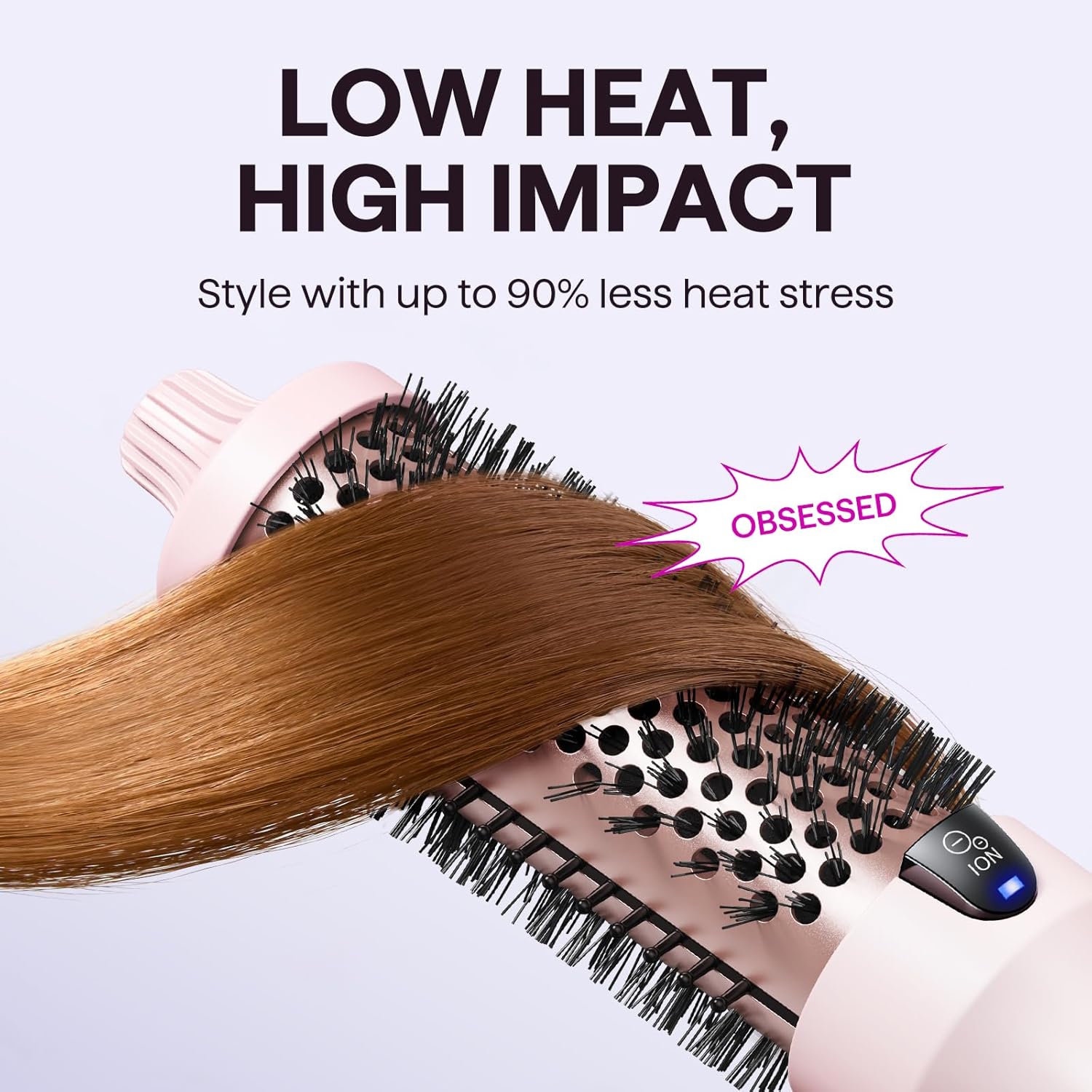 Pink tourmaline ceramic ionic heated round brush with temperature control dial — view 3