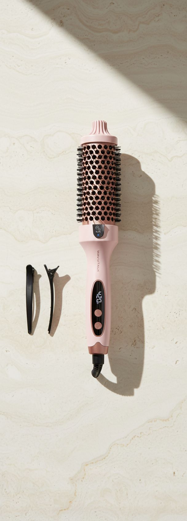 Pink tourmaline ceramic ionic heated round brush with temperature control dial — view 1