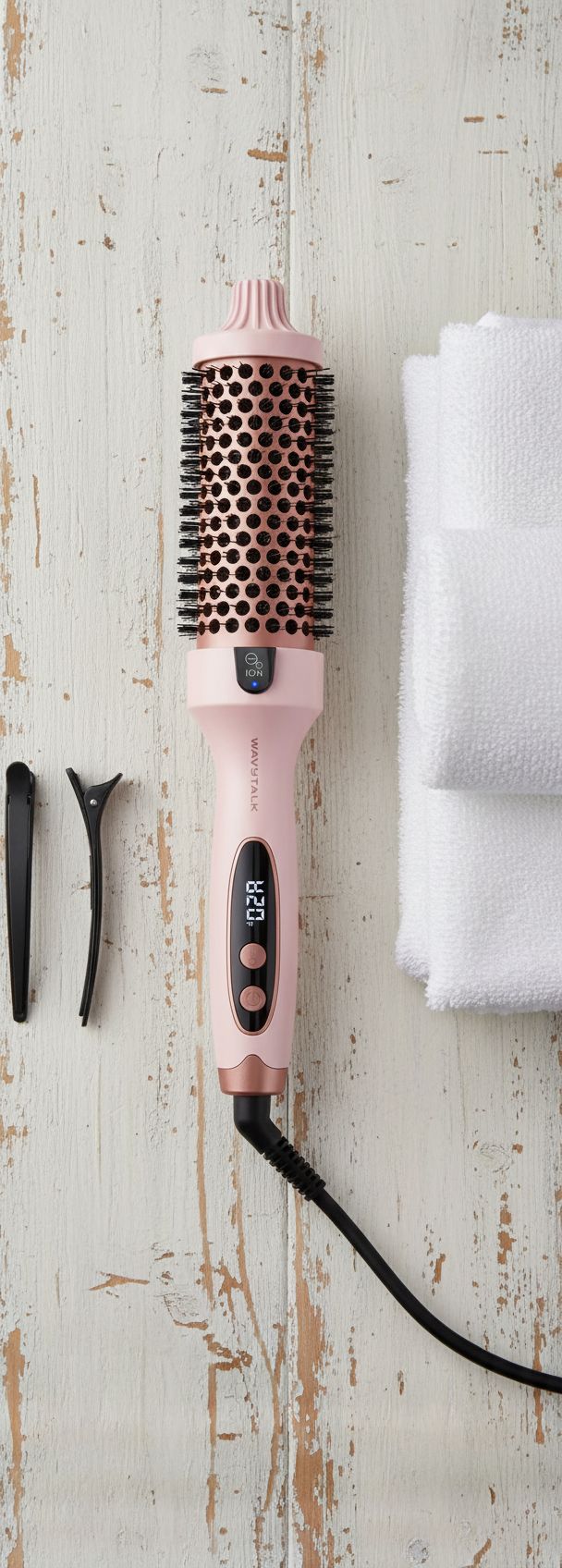 Pink tourmaline ceramic ionic heated round brush with temperature control dial — view 7a