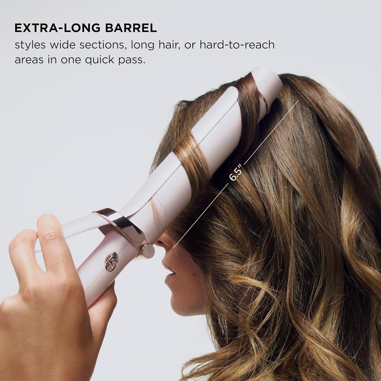 T3 SinglePass Curl X curling iron with ceramic barrel in neutral finish, showing interchangeable barrel sizes — view 2