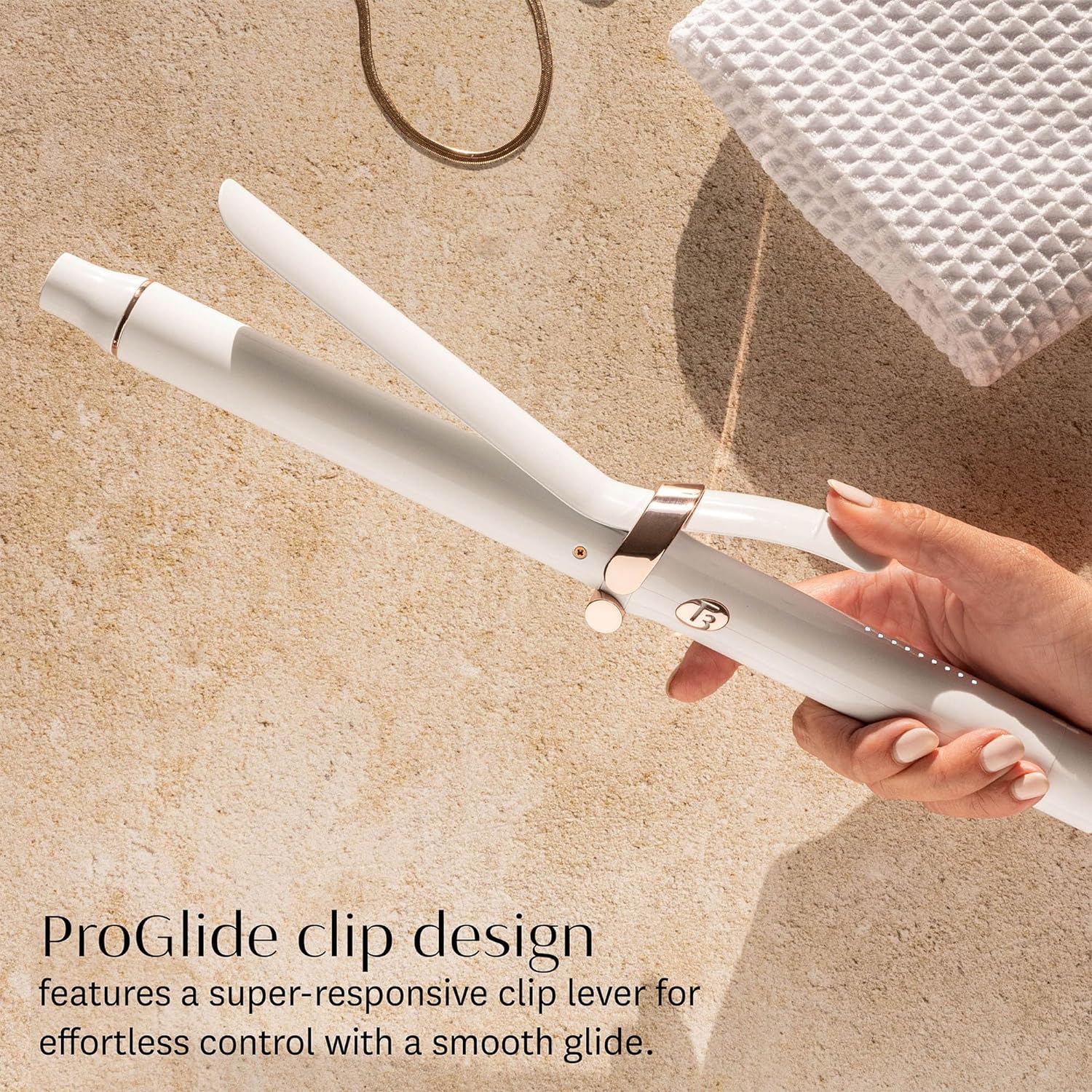 T3 SinglePass Curl X curling iron with ceramic barrel in neutral finish, showing interchangeable barrel sizes — view 4