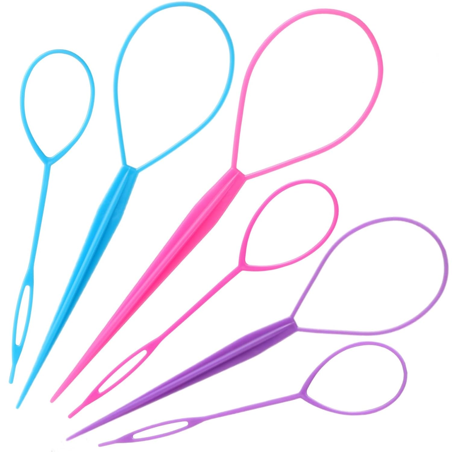 6-piece loop ponytail hair styling tool set in pink, purple, and blue jewel tones — view 2