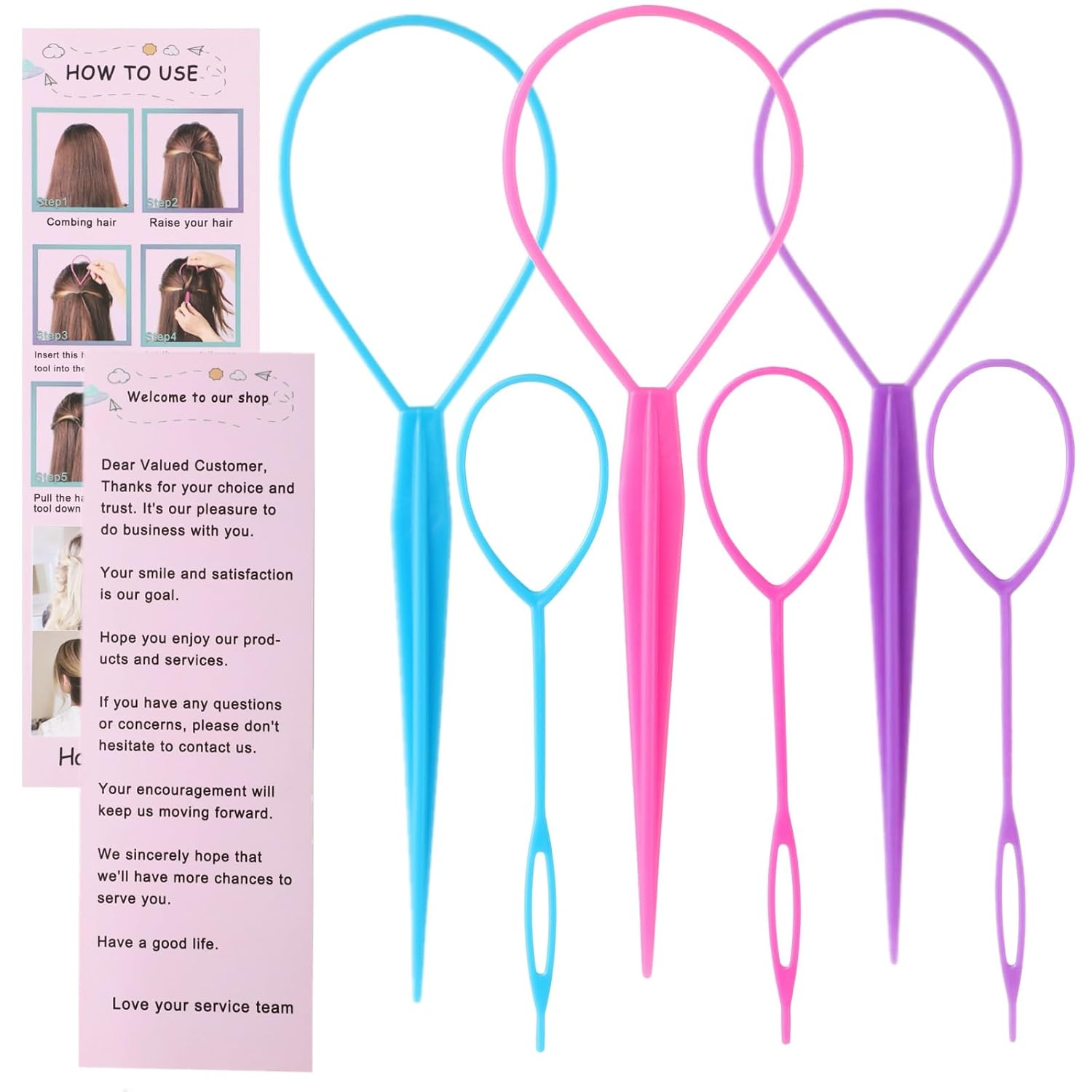 6-piece loop ponytail hair styling tool set in pink, purple, and blue jewel tones — view 3