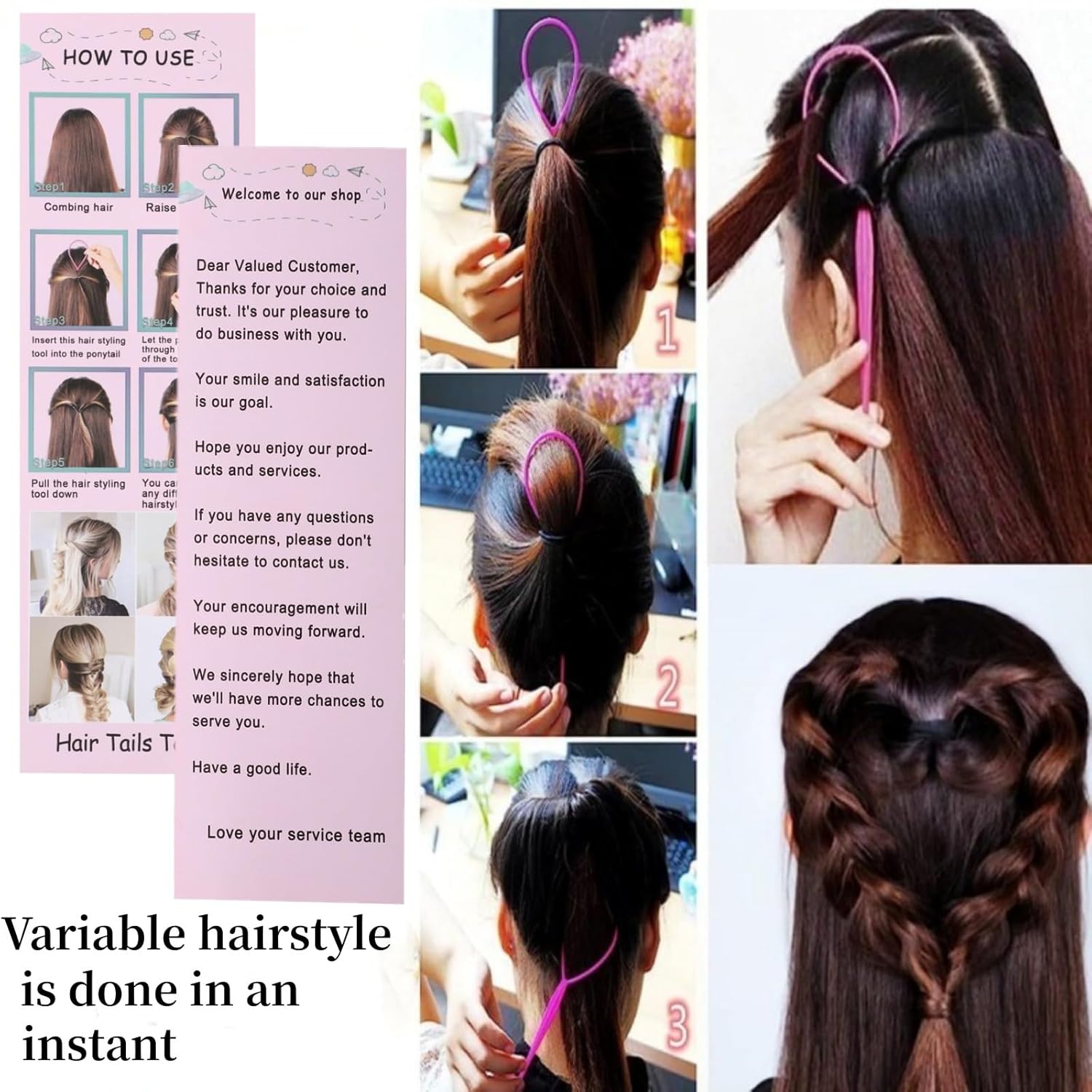 6-piece loop ponytail hair styling tool set in pink, purple, and blue jewel tones — view 3