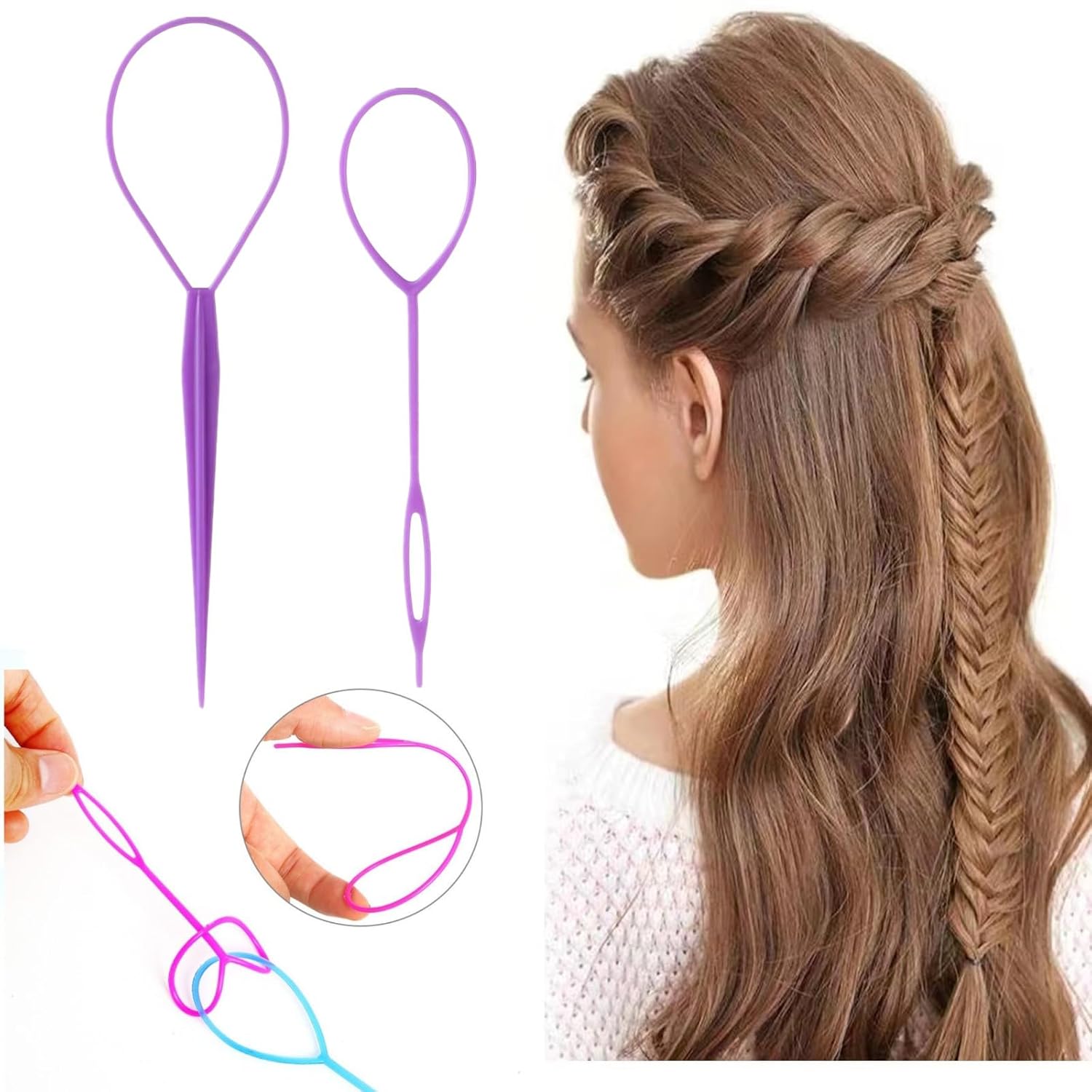 6-piece loop ponytail hair styling tool set in pink, purple, and blue jewel tones — view 4