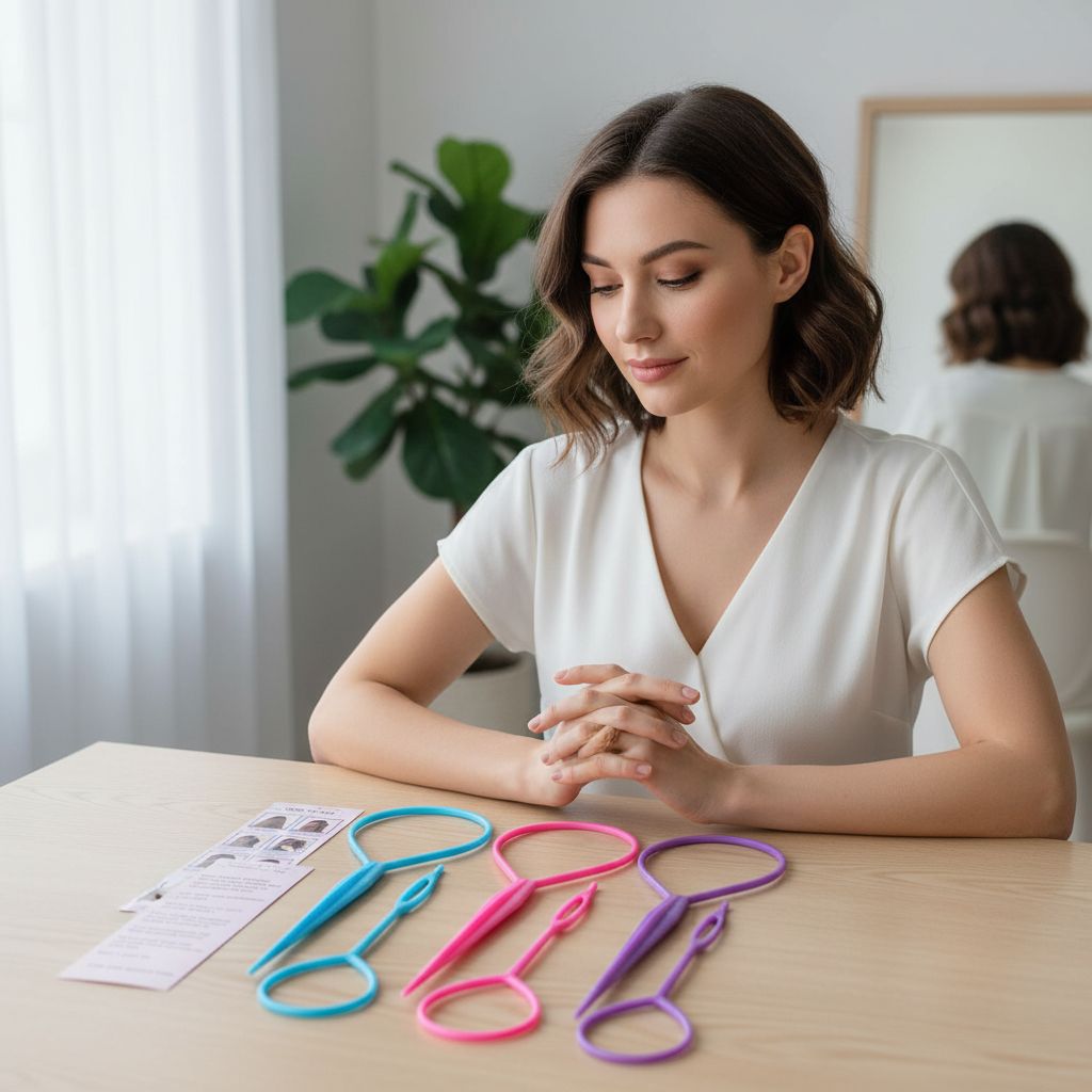 6-piece loop ponytail hair styling tool set in pink, purple, and blue jewel tones — view 5a