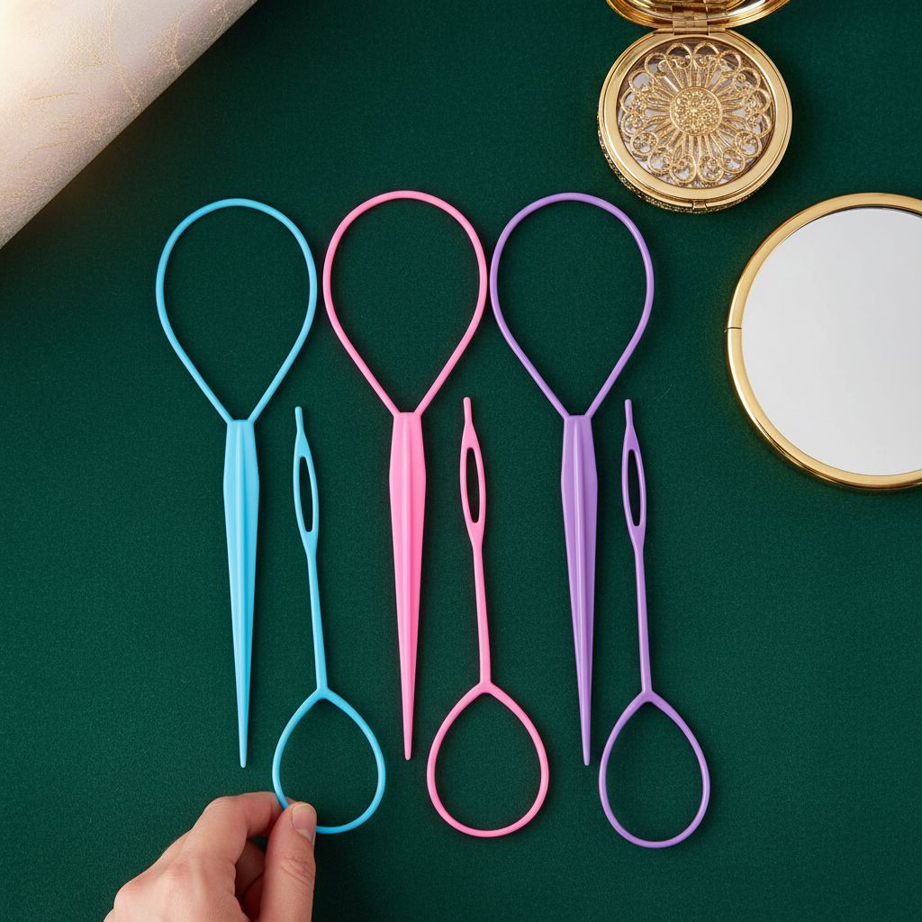 6-piece loop ponytail hair styling tool set in pink, purple, and blue jewel tones — view 7a