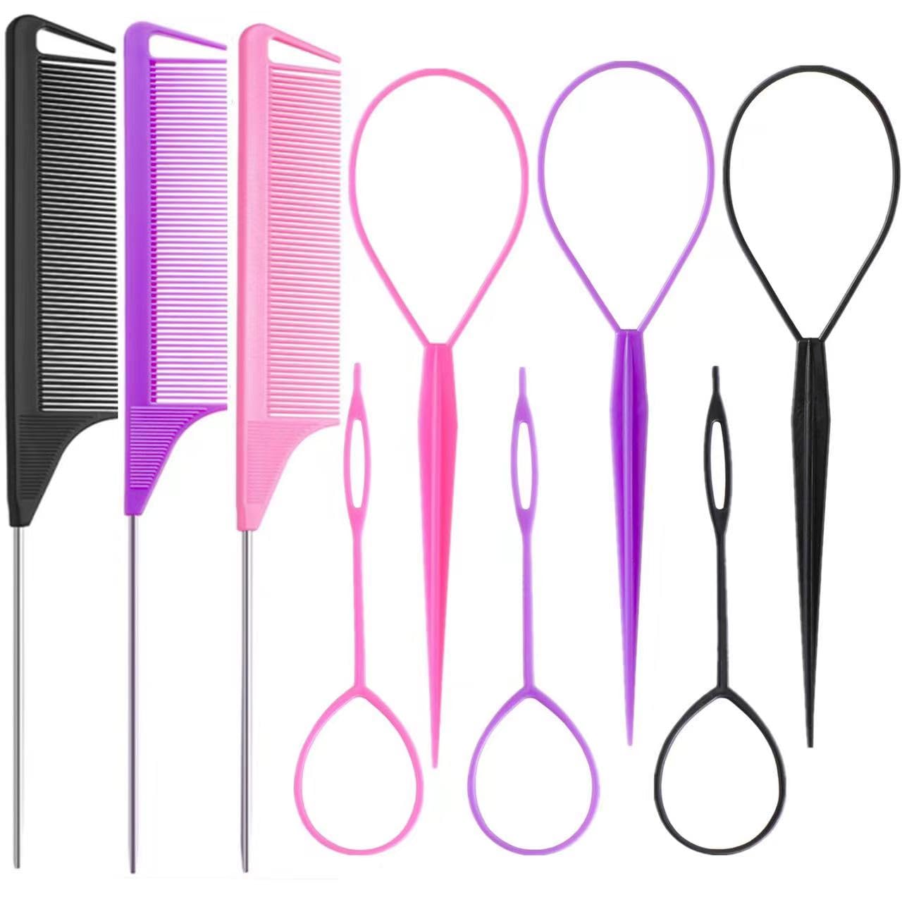 Multi-piece French braiding hair tool set in {color} featuring topsy tail tool, braiding rings, and metal parting combs — view 1