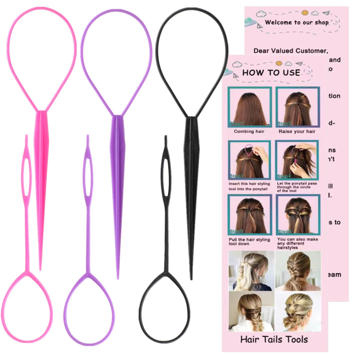 Multi-piece French braiding hair tool set in {color} featuring topsy tail tool, braiding rings, and metal parting combs — view 2