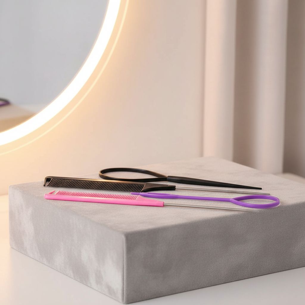Multi-piece French braiding hair tool set in {color} featuring topsy tail tool, braiding rings, and metal parting combs — view 2