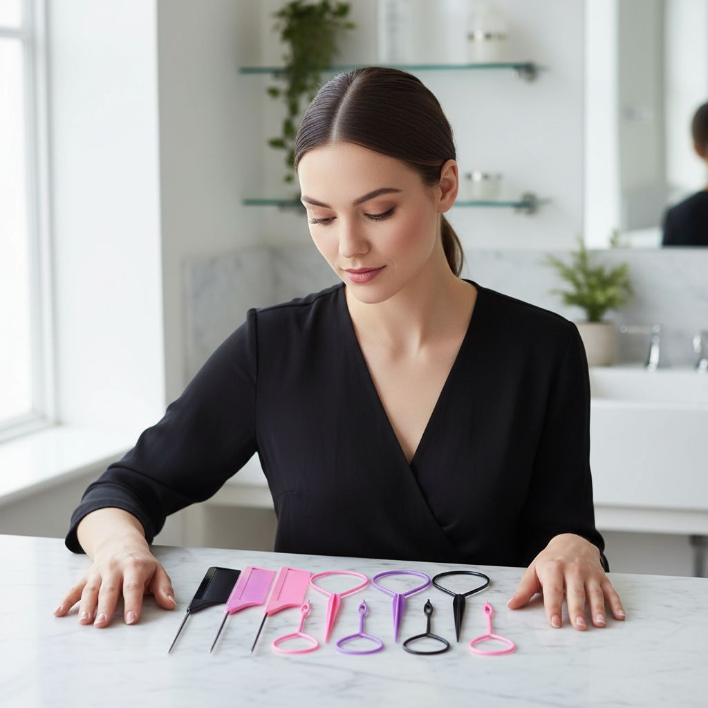 Multi-piece French braiding hair tool set in {color} featuring topsy tail tool, braiding rings, and metal parting combs — view 2