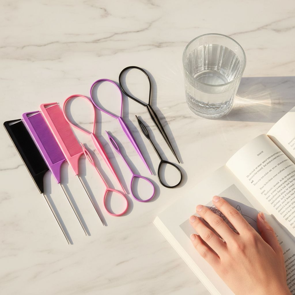 Multi-piece French braiding hair tool set in {color} featuring topsy tail tool, braiding rings, and metal parting combs — view 5a