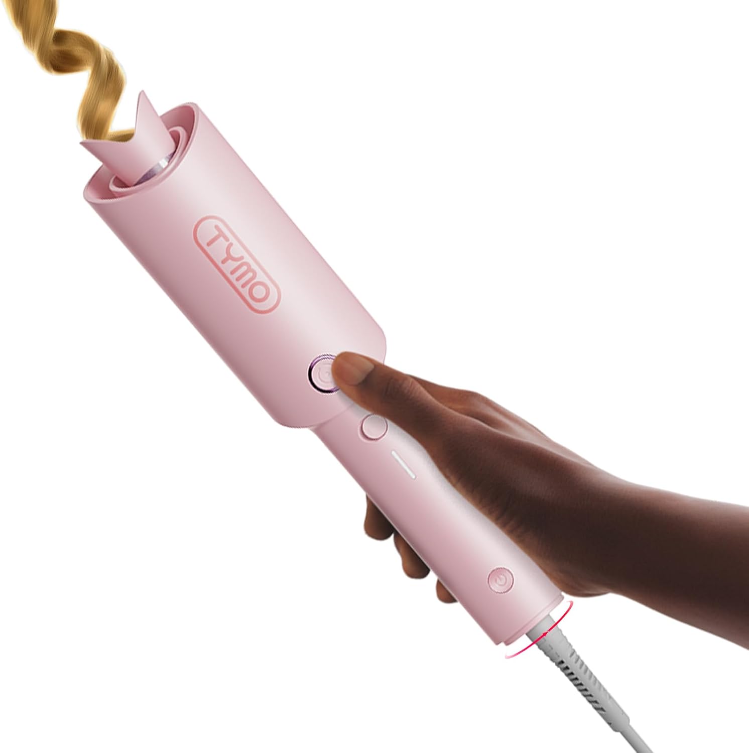 Automatic rotating curling wand in pink with ceramic coating, shown creating beach waves hairstyle — view 1