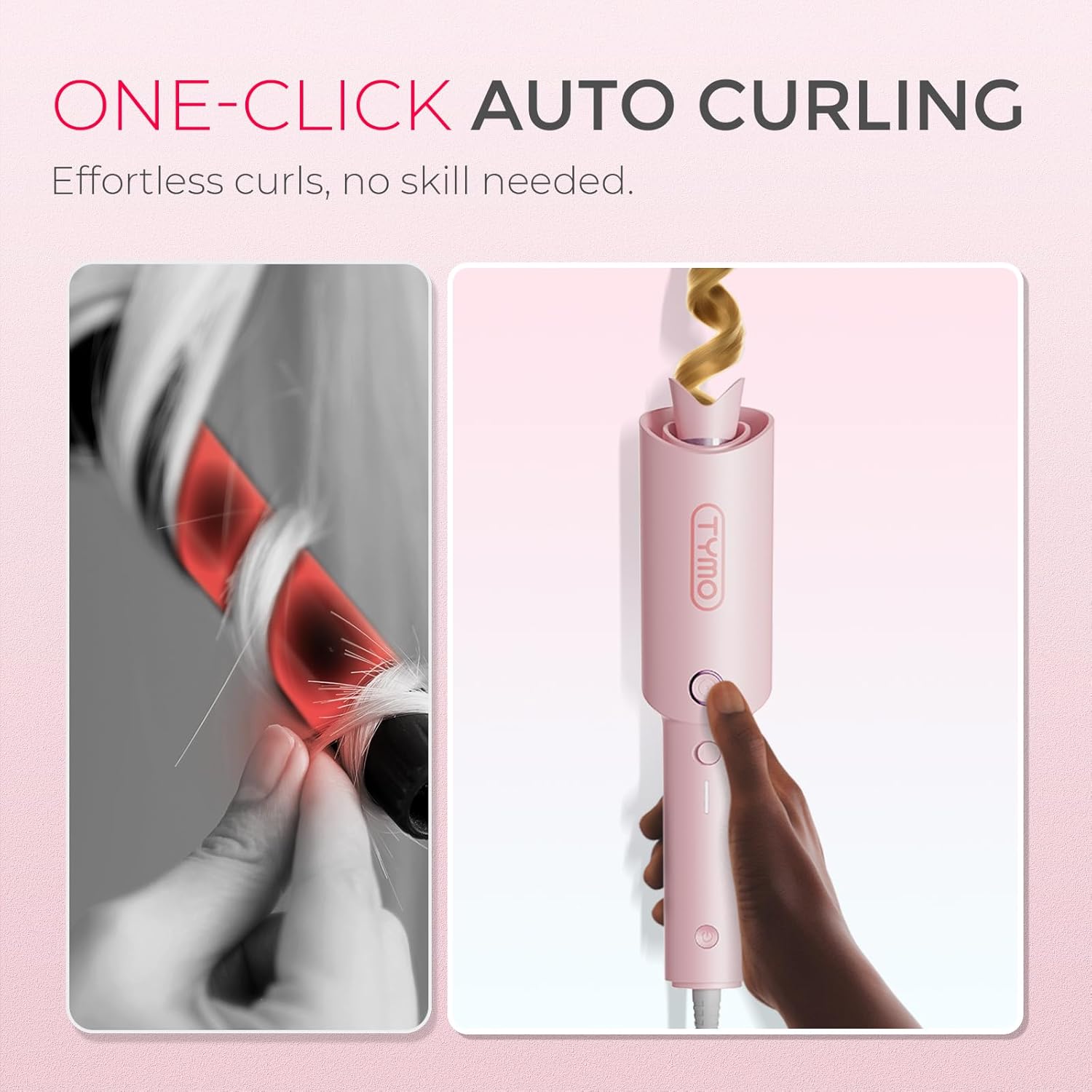 Automatic rotating curling wand in pink with ceramic coating, shown creating beach waves hairstyle — view 2