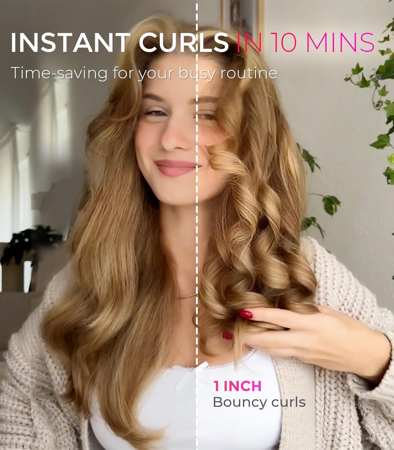 Automatic rotating curling wand in pink with ceramic coating, shown creating beach waves hairstyle — view 3