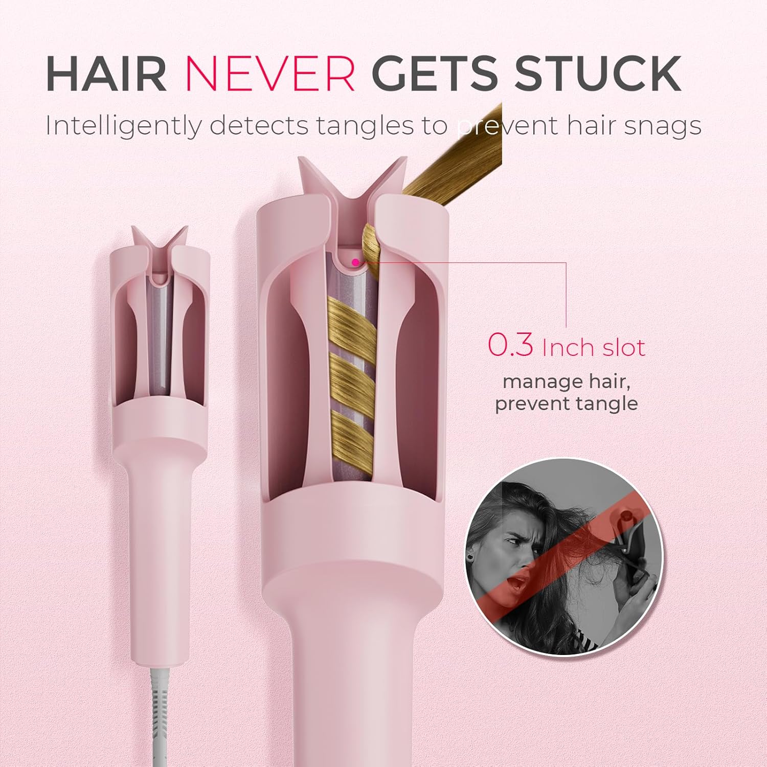 Automatic rotating curling wand in pink with ceramic coating, shown creating beach waves hairstyle — view 4