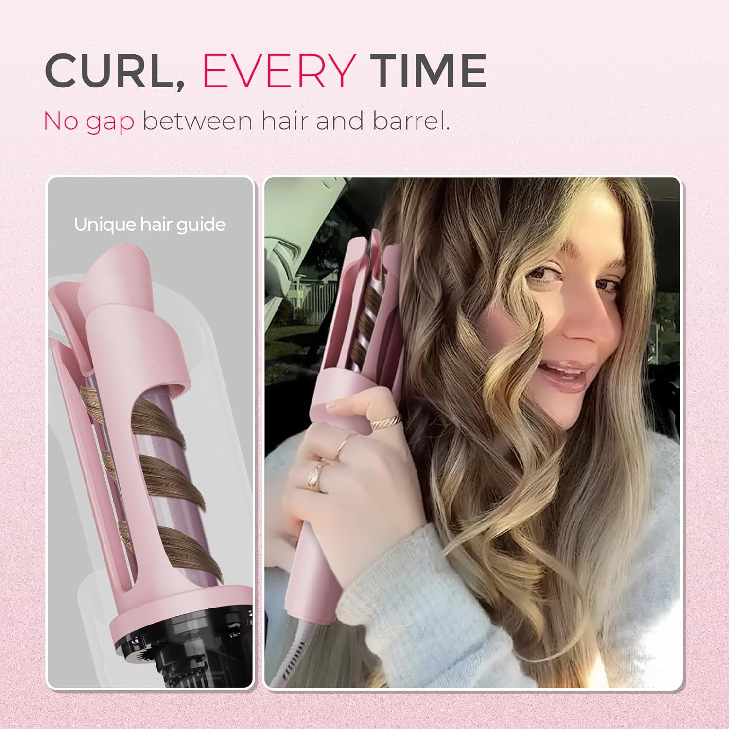 Automatic rotating curling wand in pink with ceramic coating, shown creating beach waves hairstyle — view 2