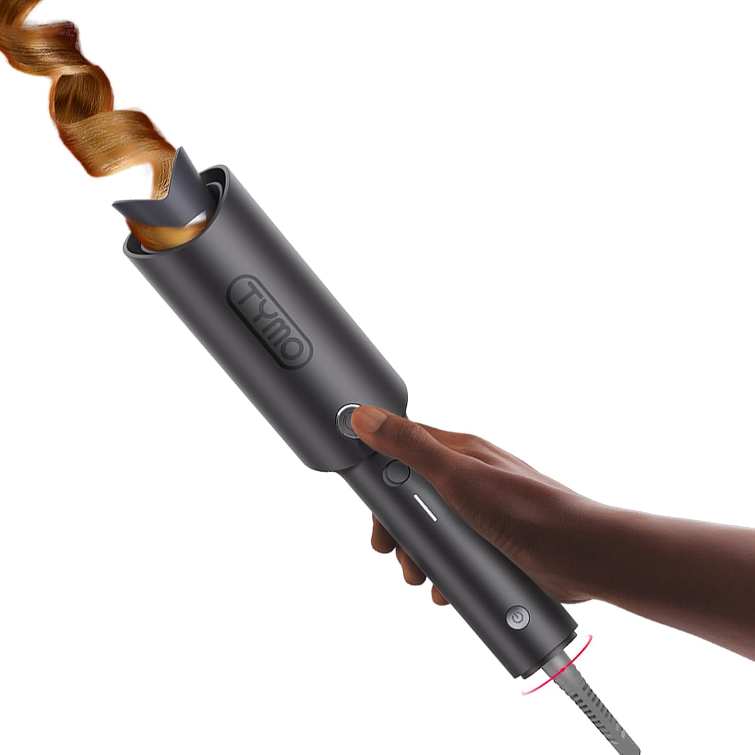 Automatic rotating curling wand in pink with ceramic coating, shown creating beach waves hairstyle — view 5