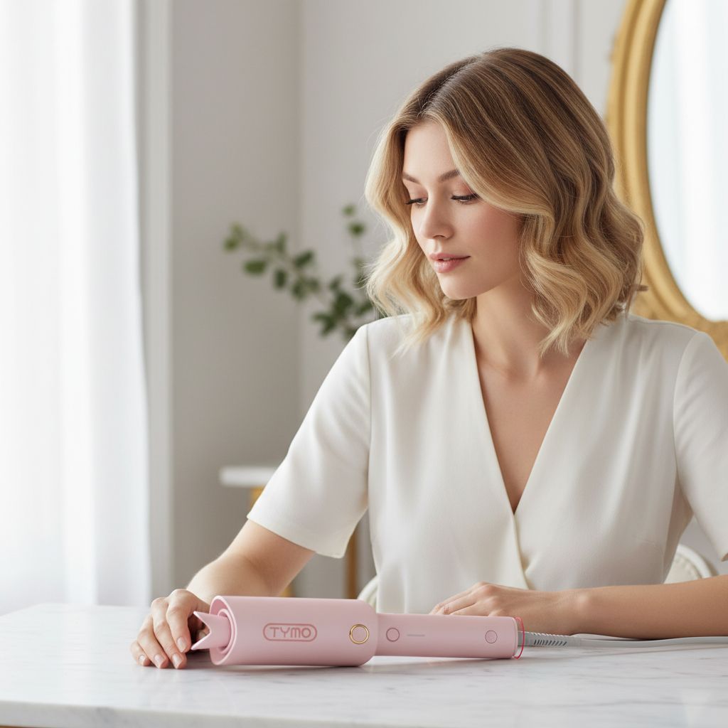Automatic rotating curling wand in pink with ceramic coating, shown creating beach waves hairstyle — view 2