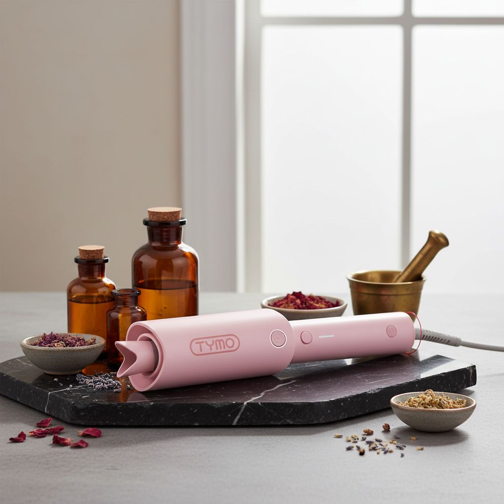 Automatic rotating curling wand in pink with ceramic coating, shown creating beach waves hairstyle — view 3