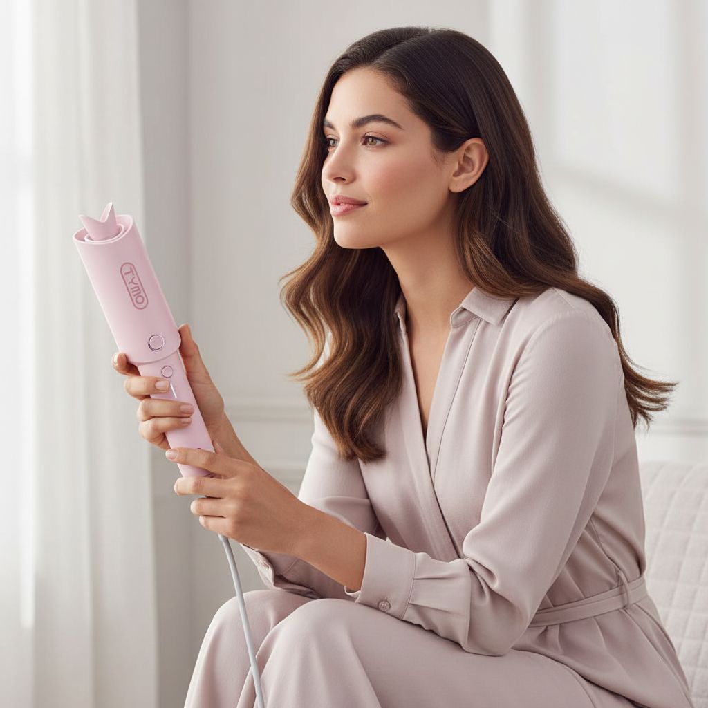 Automatic rotating curling wand in pink with ceramic coating, shown creating beach waves hairstyle — view 3a