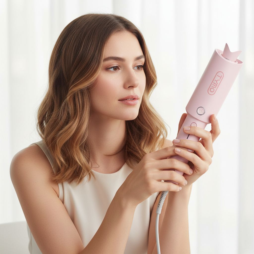 Automatic rotating curling wand in pink with ceramic coating, shown creating beach waves hairstyle — view 4