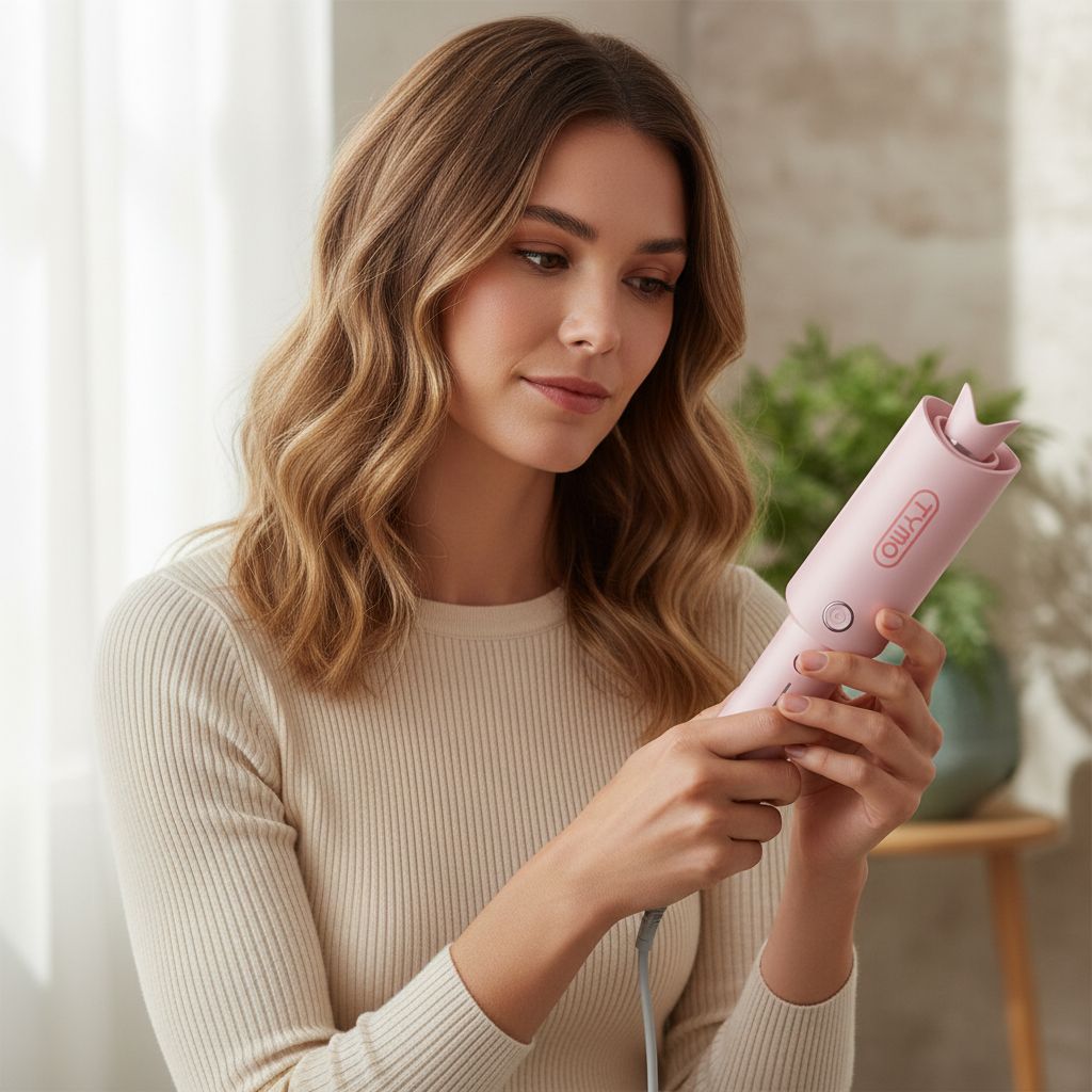 Automatic rotating curling wand in pink with ceramic coating, shown creating beach waves hairstyle — view 6