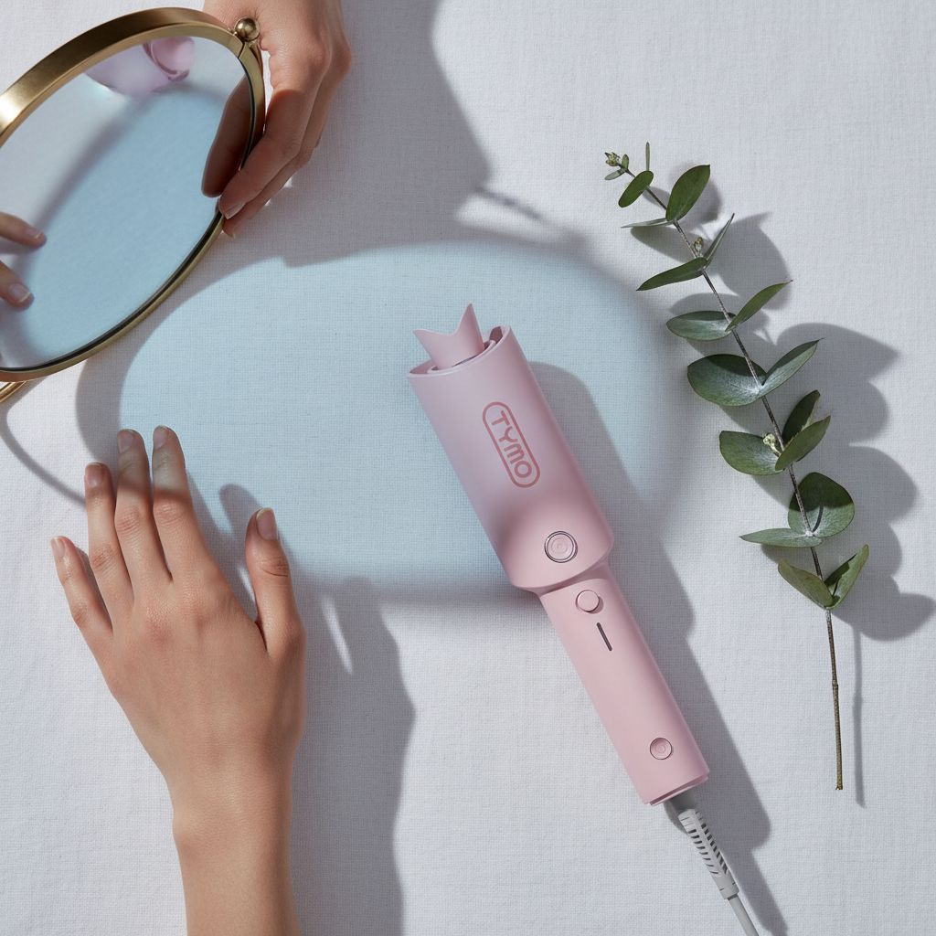 Automatic rotating curling wand in pink with ceramic coating, shown creating beach waves hairstyle — view 7a