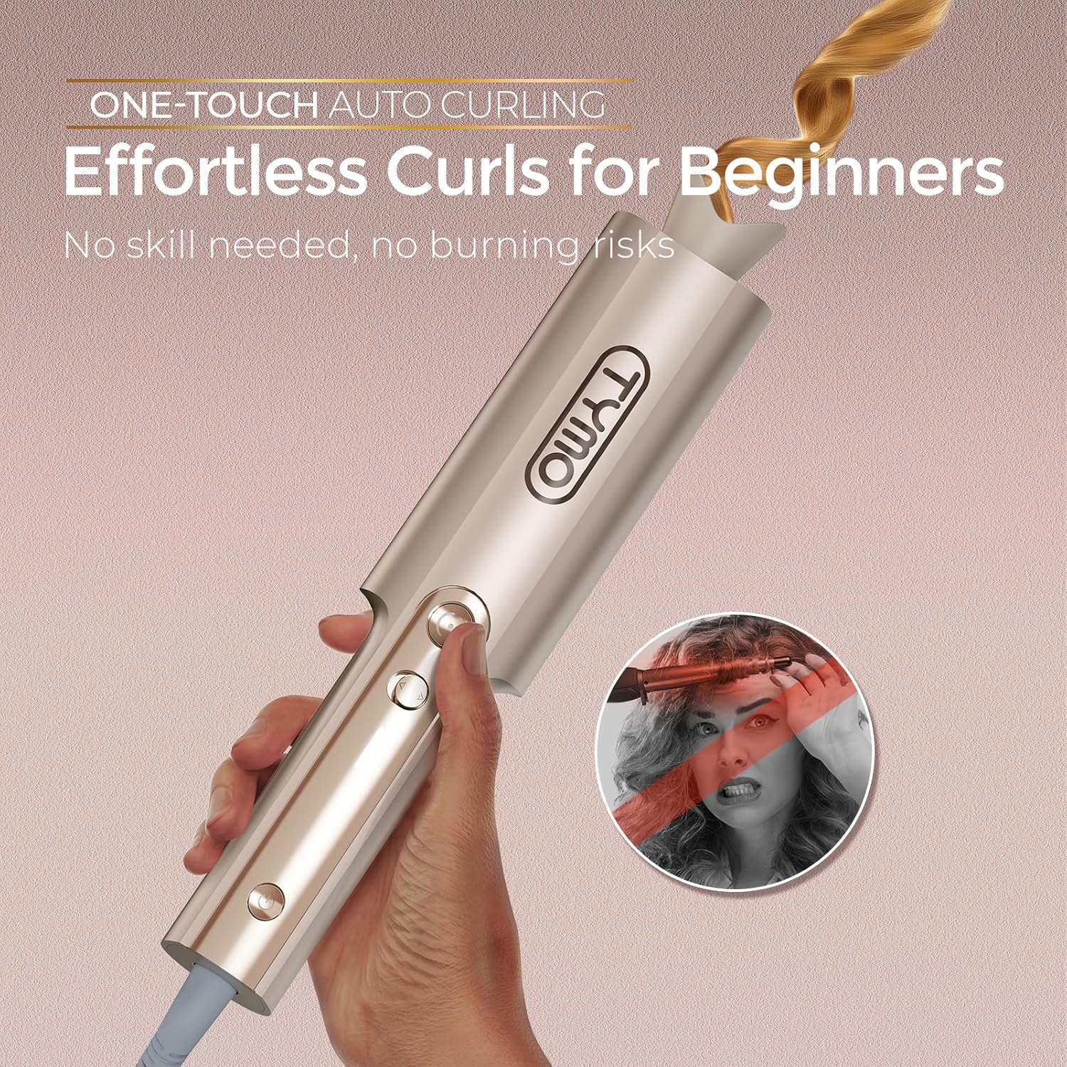 Gold ionic ceramic rotating curling iron with 1-inch barrel for long hair styling — view 2