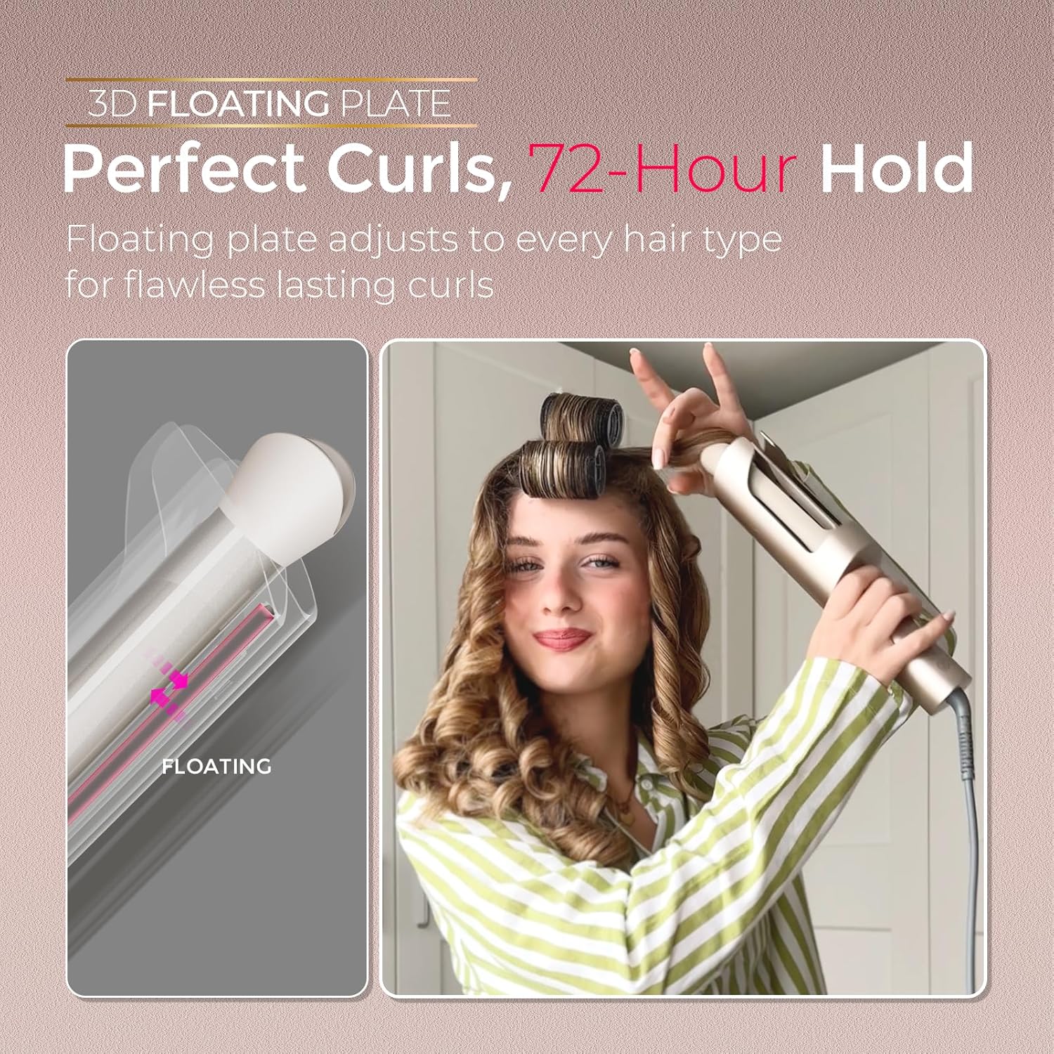 Gold ionic ceramic rotating curling iron with 1-inch barrel for long hair styling — view 2