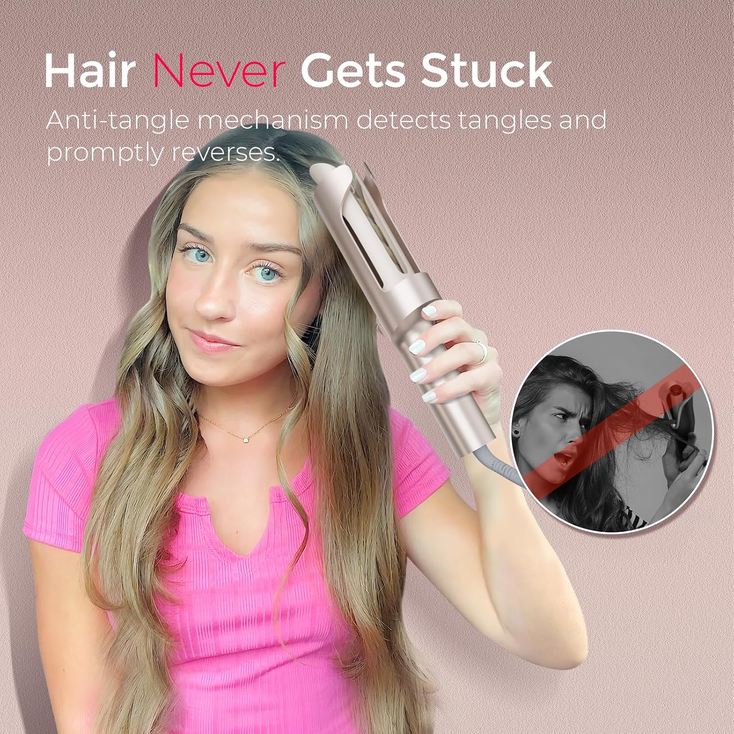 Gold ionic ceramic rotating curling iron with 1-inch barrel for long hair styling — view 3