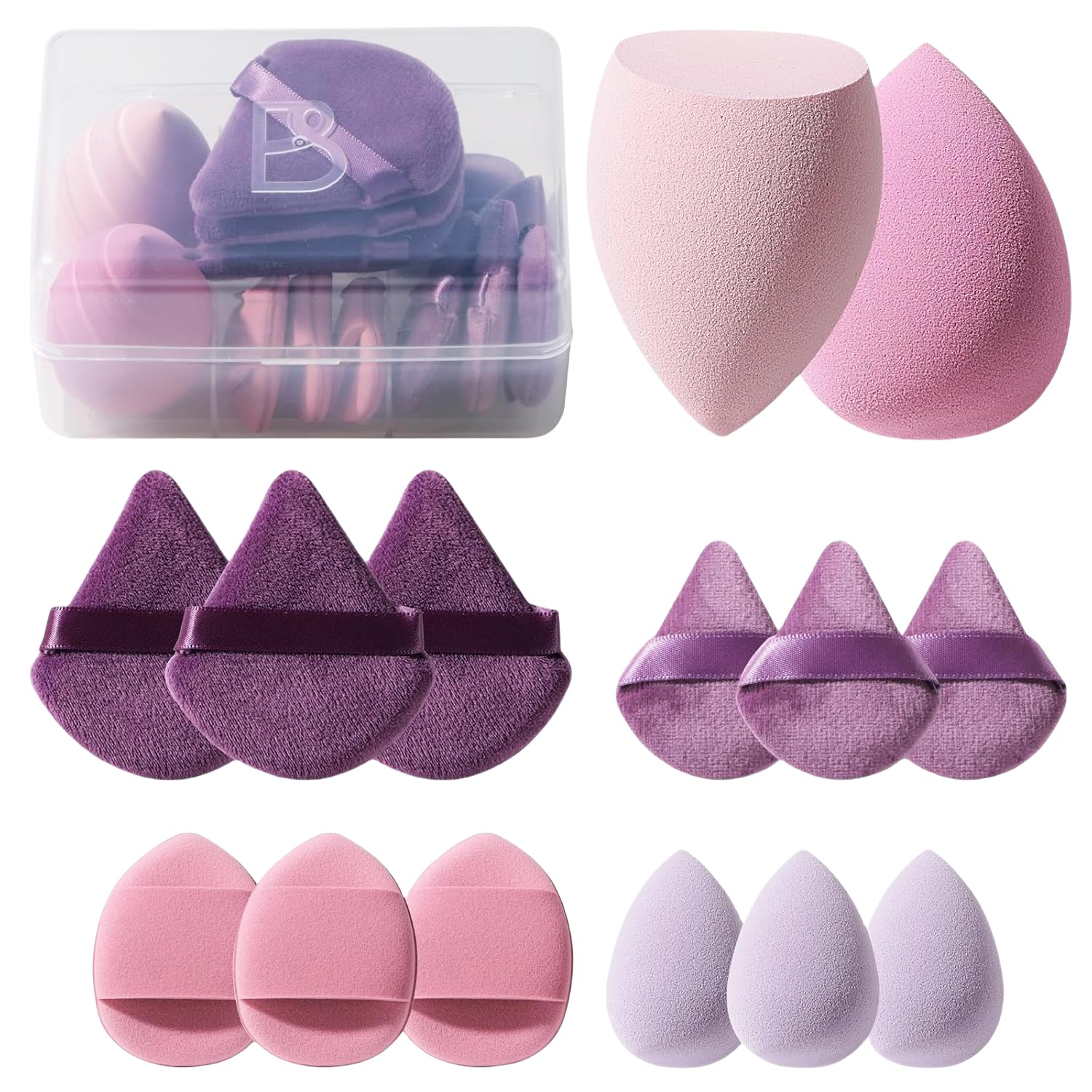 Triangle makeup sponge in [color] from 14-piece set with storage case for liquid, cream, and powder application — view 1