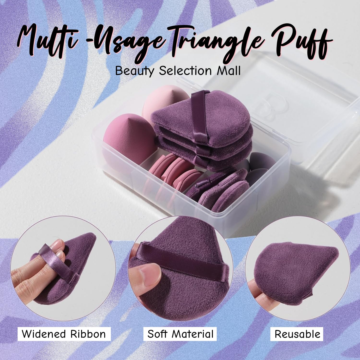 Triangle makeup sponge in [color] from 14-piece set with storage case for liquid, cream, and powder application — view 2