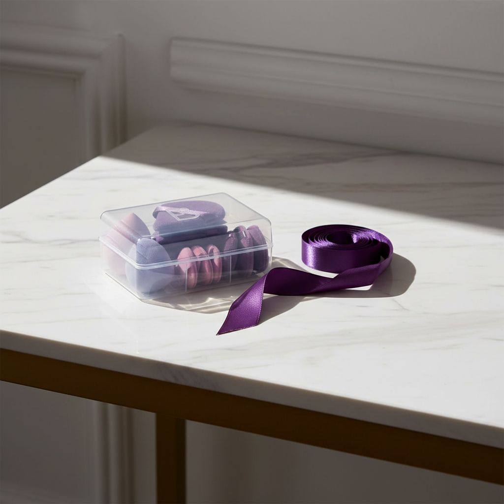 Triangle makeup sponge in [color] from 14-piece set with storage case for liquid, cream, and powder application — view 1