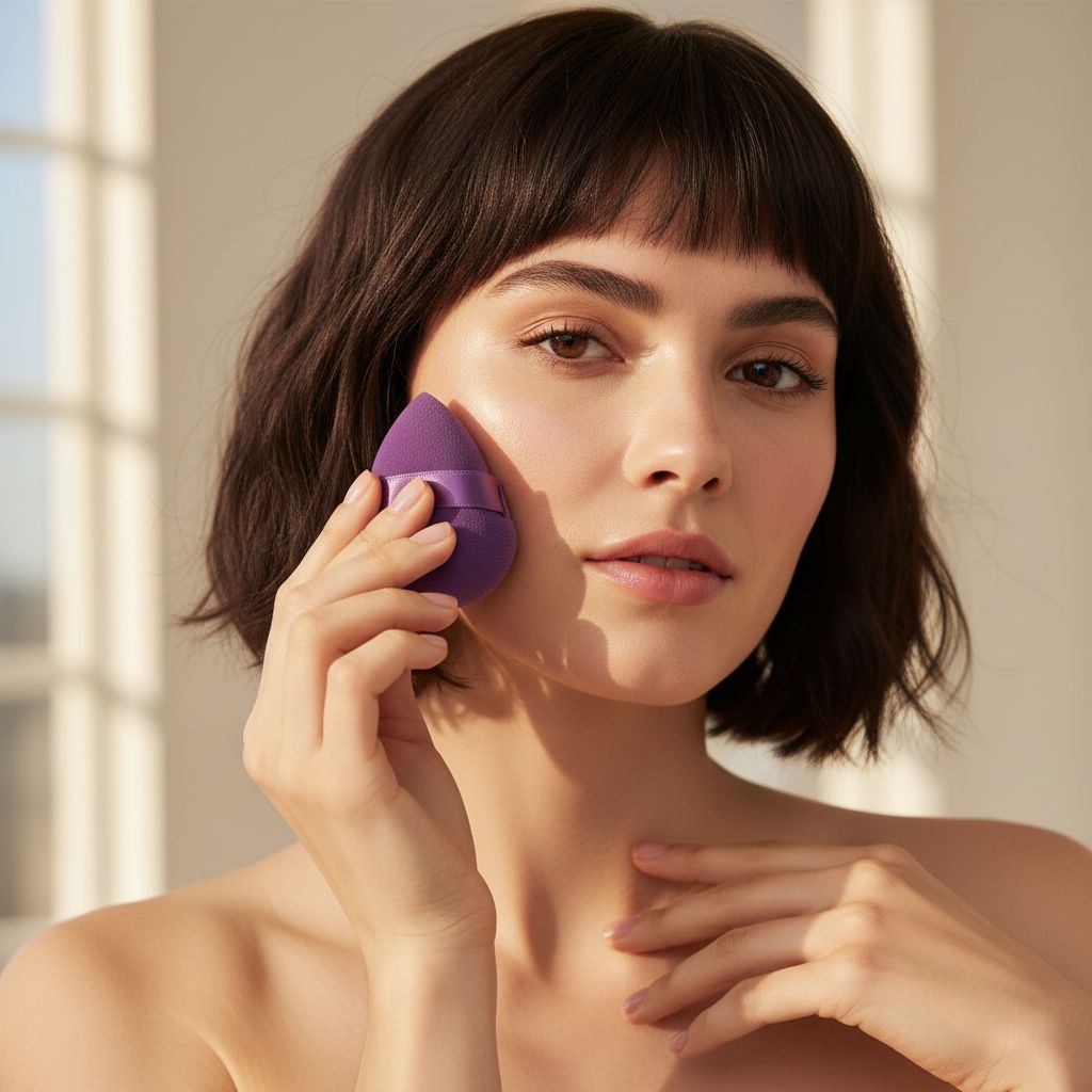 Triangle makeup sponge in [color] from 14-piece set with storage case for liquid, cream, and powder application — view 2