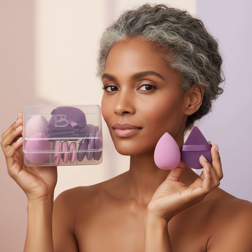 Triangle makeup sponge in [color] from 14-piece set with storage case for liquid, cream, and powder application — view 5a