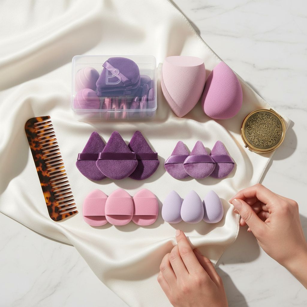 Triangle makeup sponge in [color] from 14-piece set with storage case for liquid, cream, and powder application — view 6