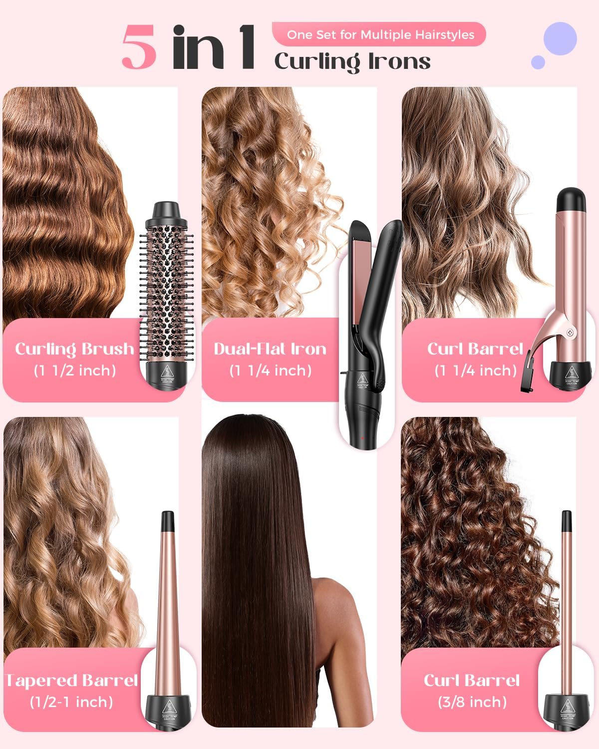 5-in-1 ceramic barrel curling iron set in neutral finish, showing interchangeable barrels and dual-function styling wand — view 2