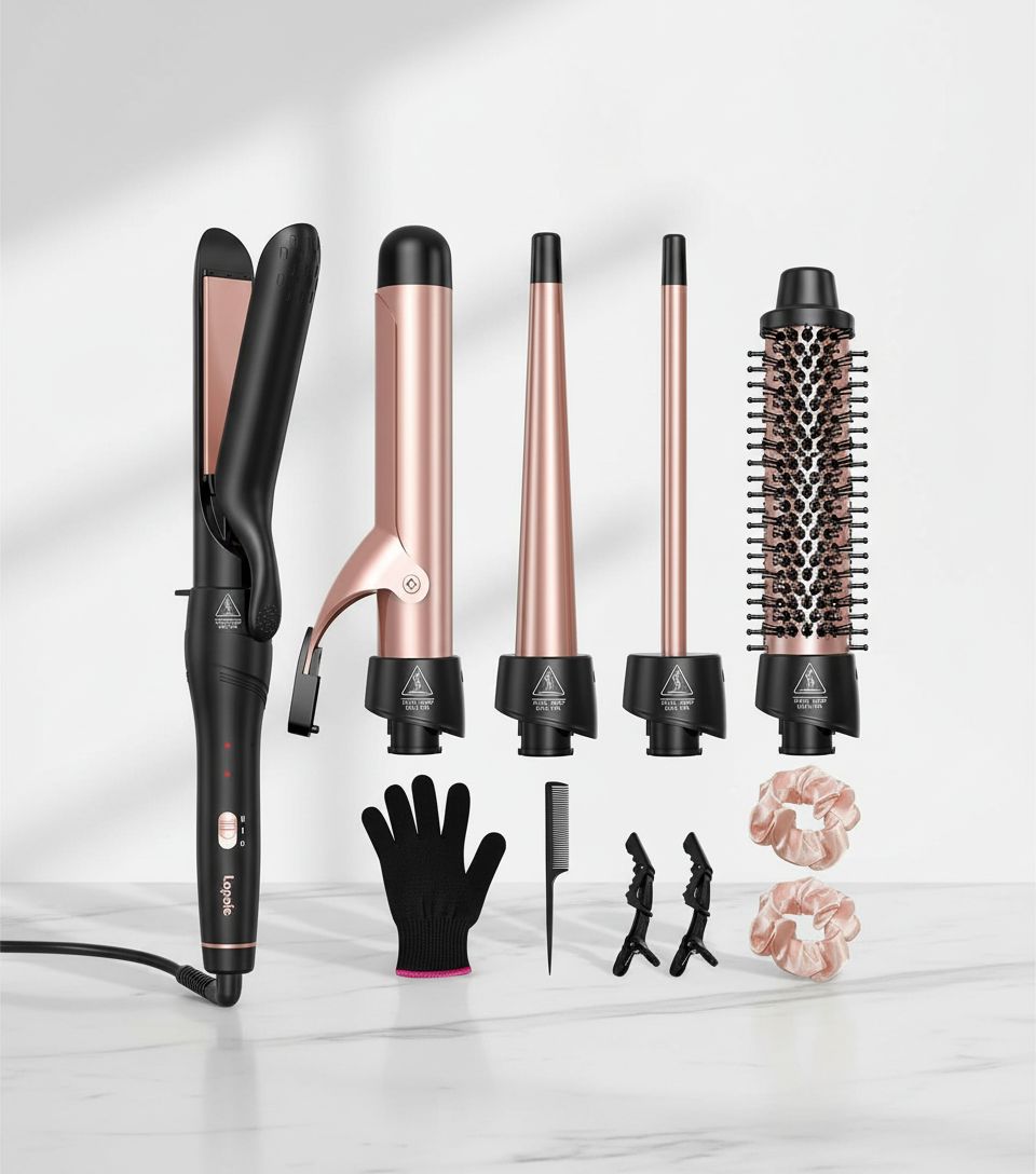 5-in-1 ceramic barrel curling iron set in neutral finish, showing interchangeable barrels and dual-function styling wand — view 1