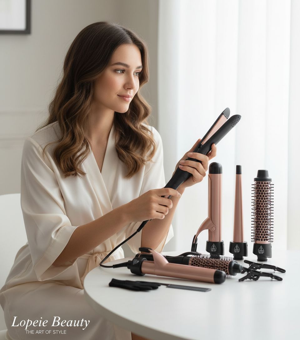 5-in-1 ceramic barrel curling iron set in neutral finish, showing interchangeable barrels and dual-function styling wand — view 6