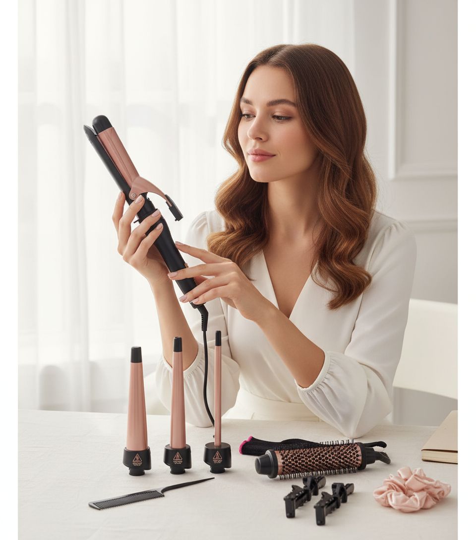5-in-1 ceramic barrel curling iron set in neutral finish, showing interchangeable barrels and dual-function styling wand — view 7a